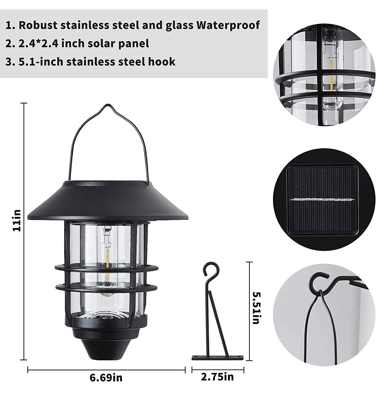 2 Pack Solar Hanging Lanterns, Wall/Porch Lights 15 Lumen Heavy Glass & Stainless