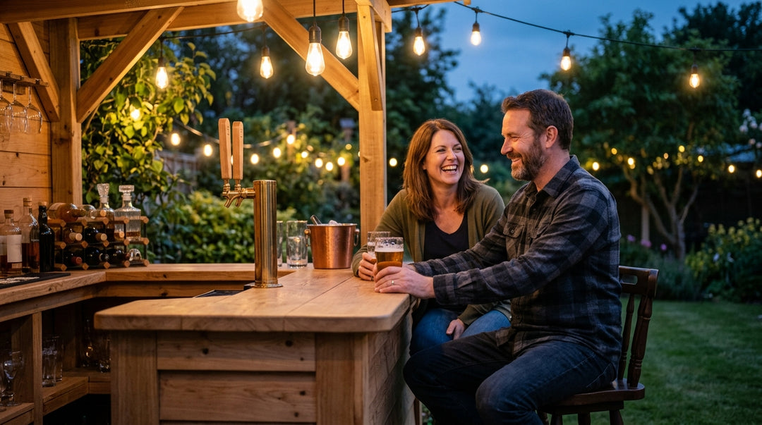 Finished wooden backyard bar with taps, stools, and string lights glowing at dusk