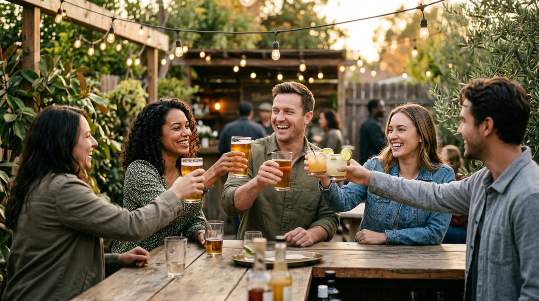 Golden-hour backyard bar with wood counter, string lights, friends raising glasses together