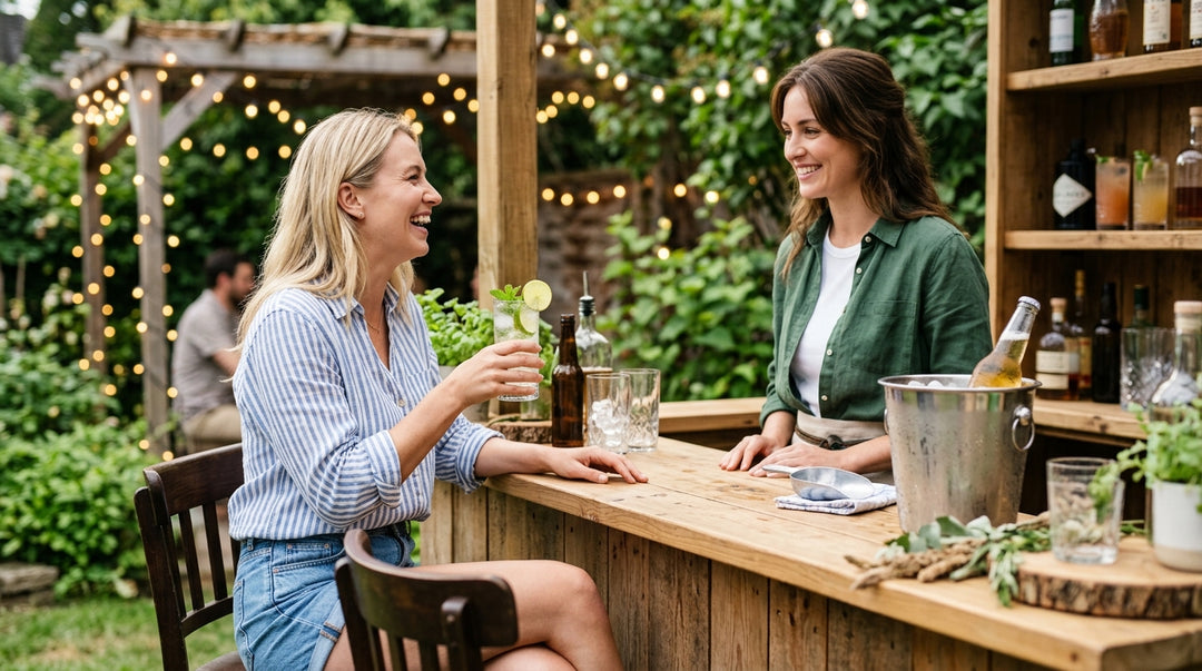 Sunny backyard bar with wood counter, string lights, stools, and cold drinks displayed