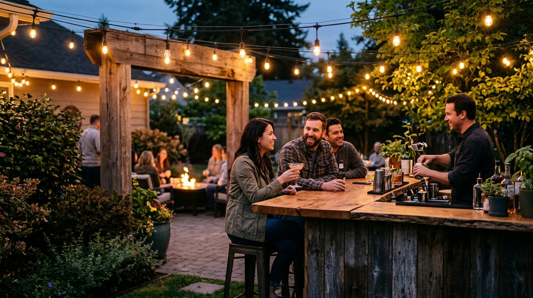 Wide shot of finished backyard bar with wood countertop, string lights, and stools at dusk