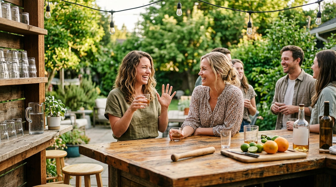 Sunlit backyard bar with wood countertop, stacked glasses, string lights overhead, friends gathering