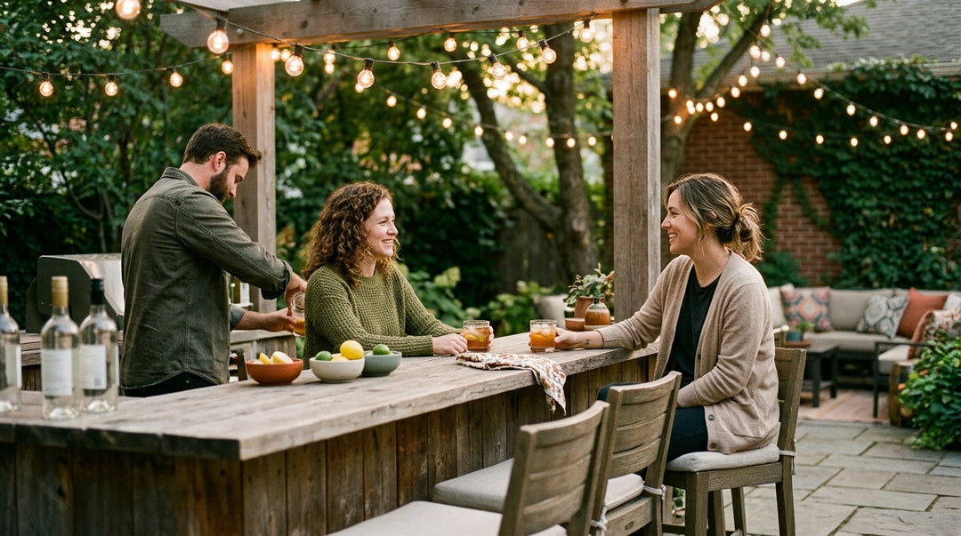 Sunlit backyard patio bar with wood countertop, barstools, and string lights overhead at dusk