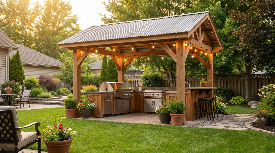 Wooden grill gazebo with galvanized steel roof sheltering a grill in a backyard at golden hour