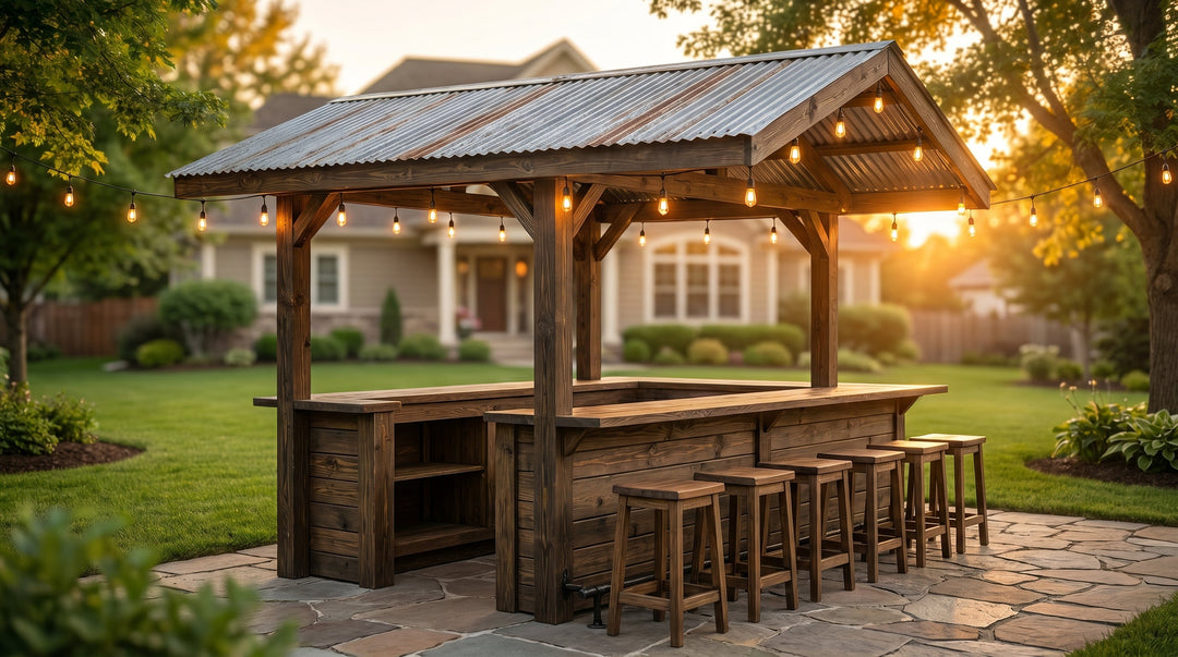 How to build an outdoor bar: a finished wooden backyard bar with a galvanized steel roof and string lights at golden hour