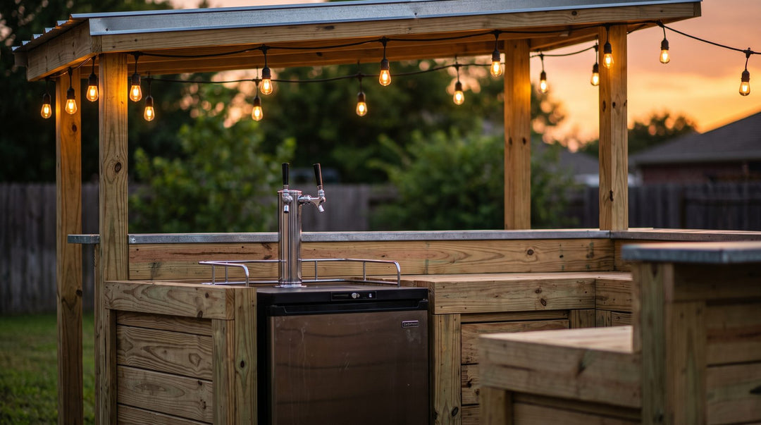 Stainless kegerator built into a wooden outdoor bar in a backyard at night