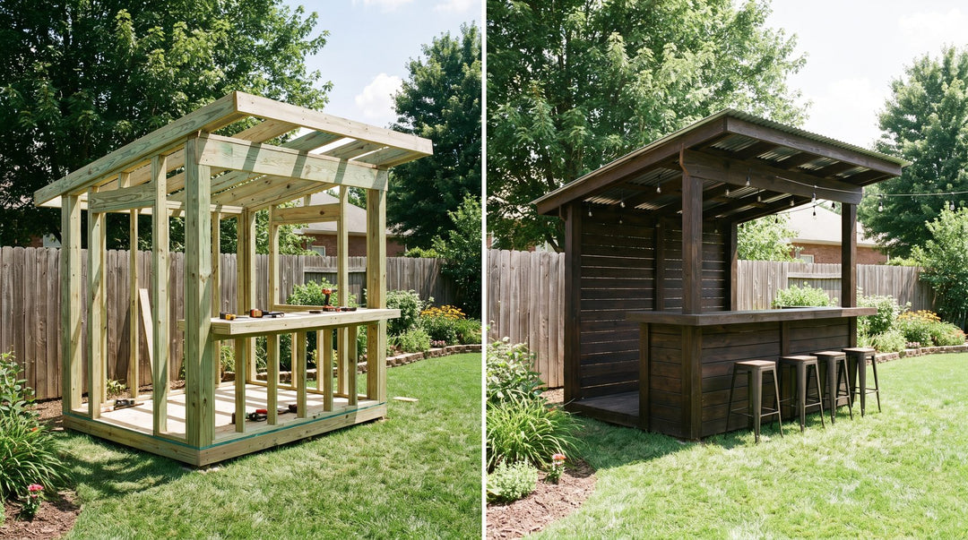 Wooden backyard bar under construction beside a finished bar in a sunny yard
