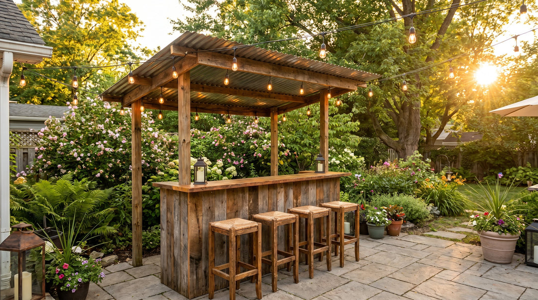 Custom wooden outdoor bar with a galvanized tin roof and string lights glowing in a backyard at golden hour
