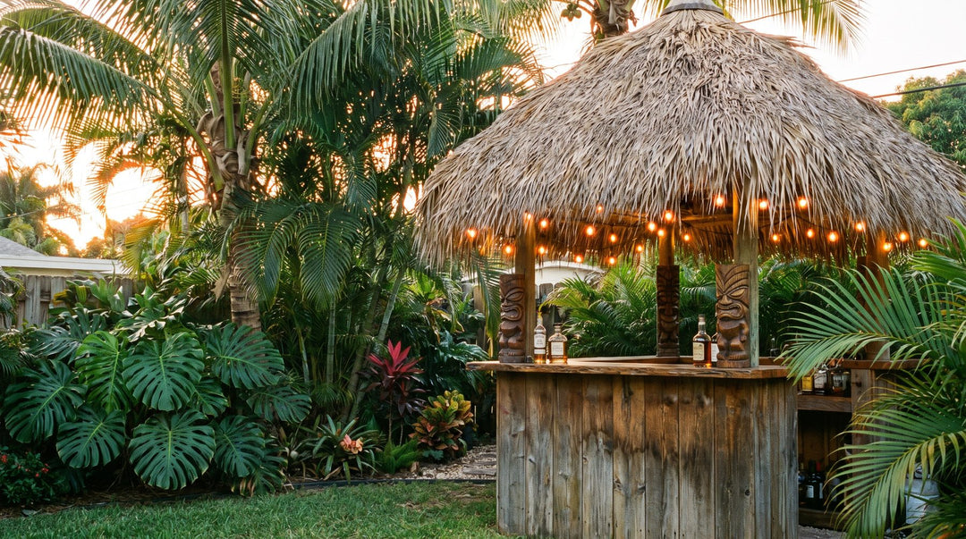 Backyard tiki bar with a thatched roof and string lights glowing at golden hour