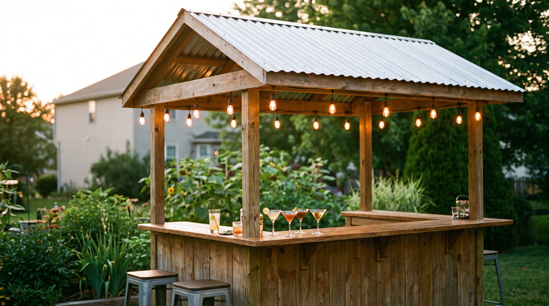 Custom wooden backyard bar with a galvanized steel roof and string lights at golden hour — backyard bar ideas