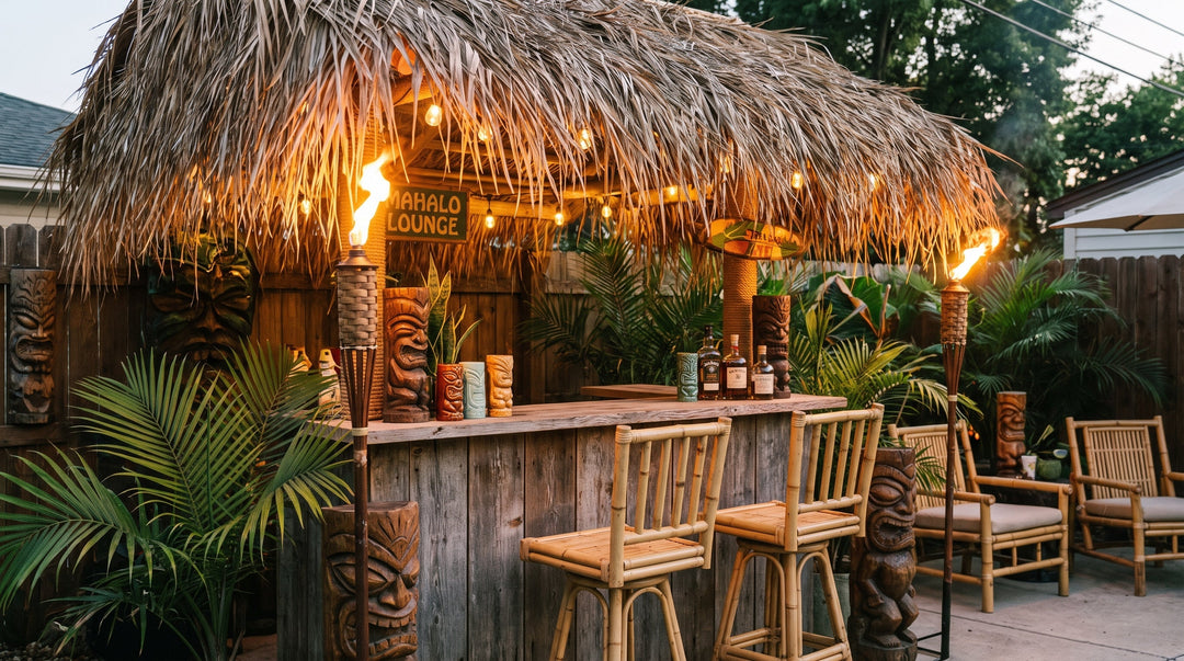 Backyard tiki bar with a thatched roof, tropical plants and warm lighting at dusk — what is a tiki bar