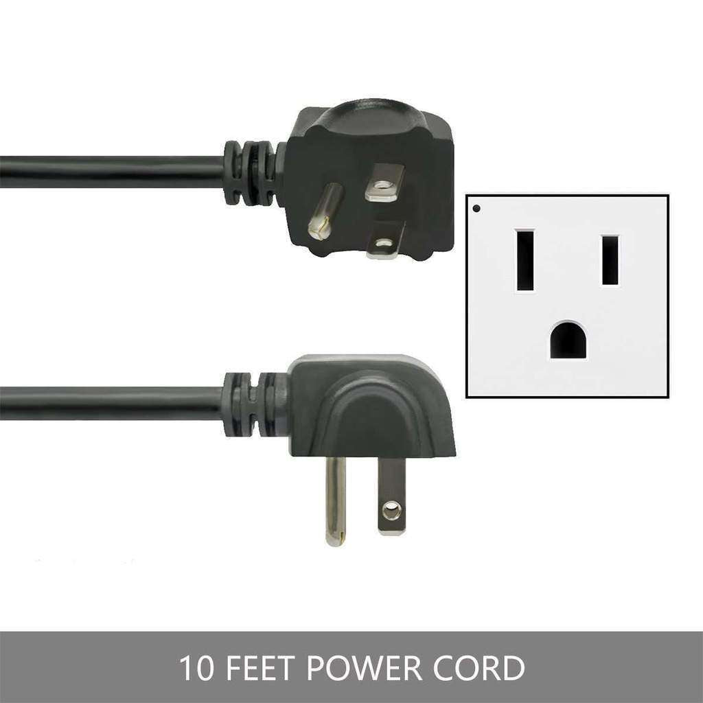 Black power cord with plug and outlet illustration on a white background