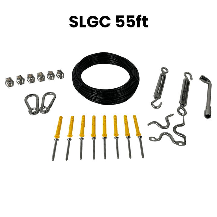 Set of hanging plant components including wire, hooks, and clips on a white background with &