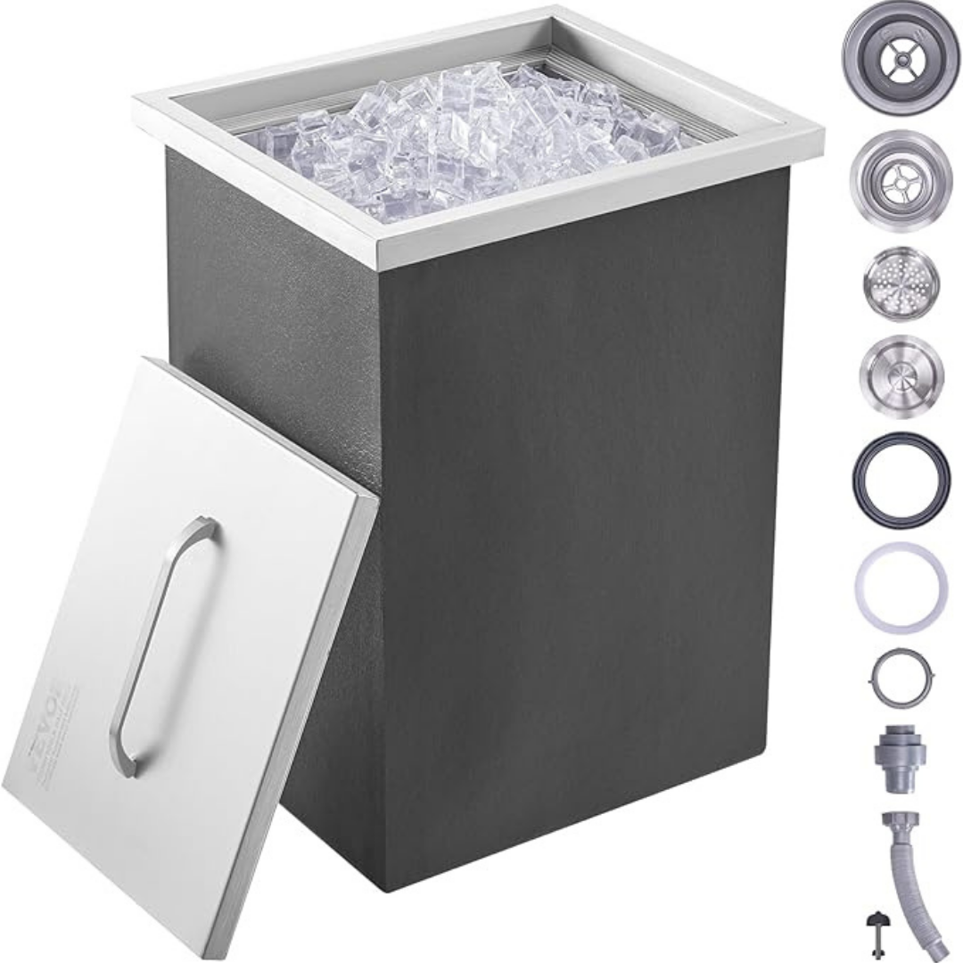 Drop-in Ice Chest, Stainless Steel Commercial Ice Bin with Cover, 40 qt Outdoor Kitchen Ice Bar, Drain-Pipe and Drain Plug Included