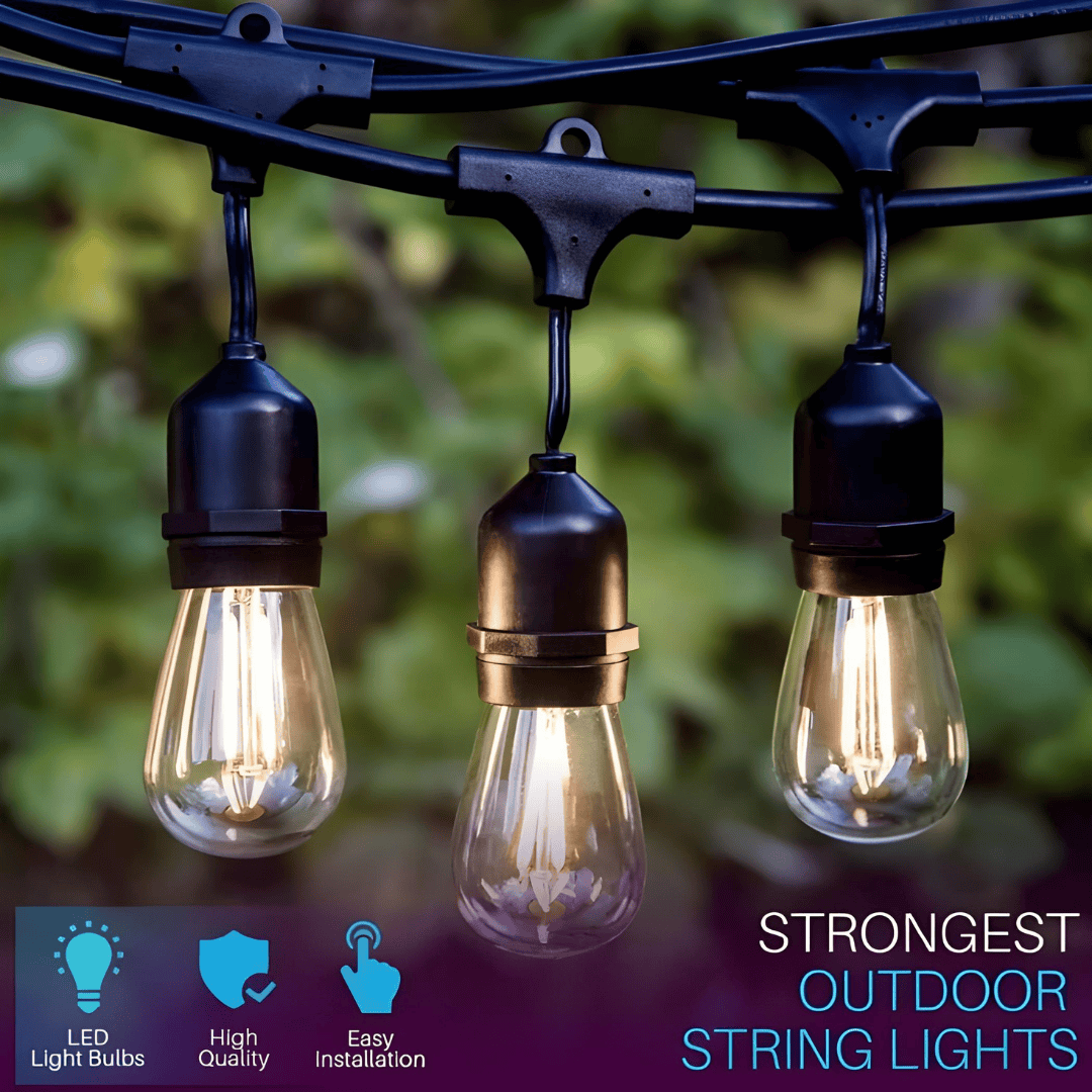 String lights with LED light bulbs, high quality, and easy installation on a blurred green background.