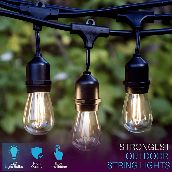String lights with LED light bulbs, high quality, and easy installation on a blurred green background.
