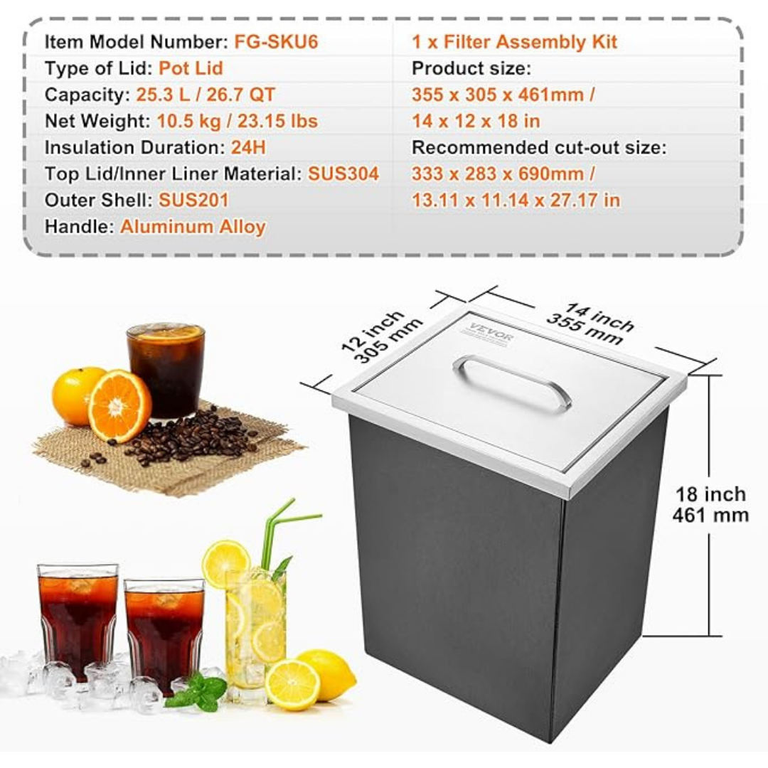 Stainless steel pot lid with product details and images of a drink setup.