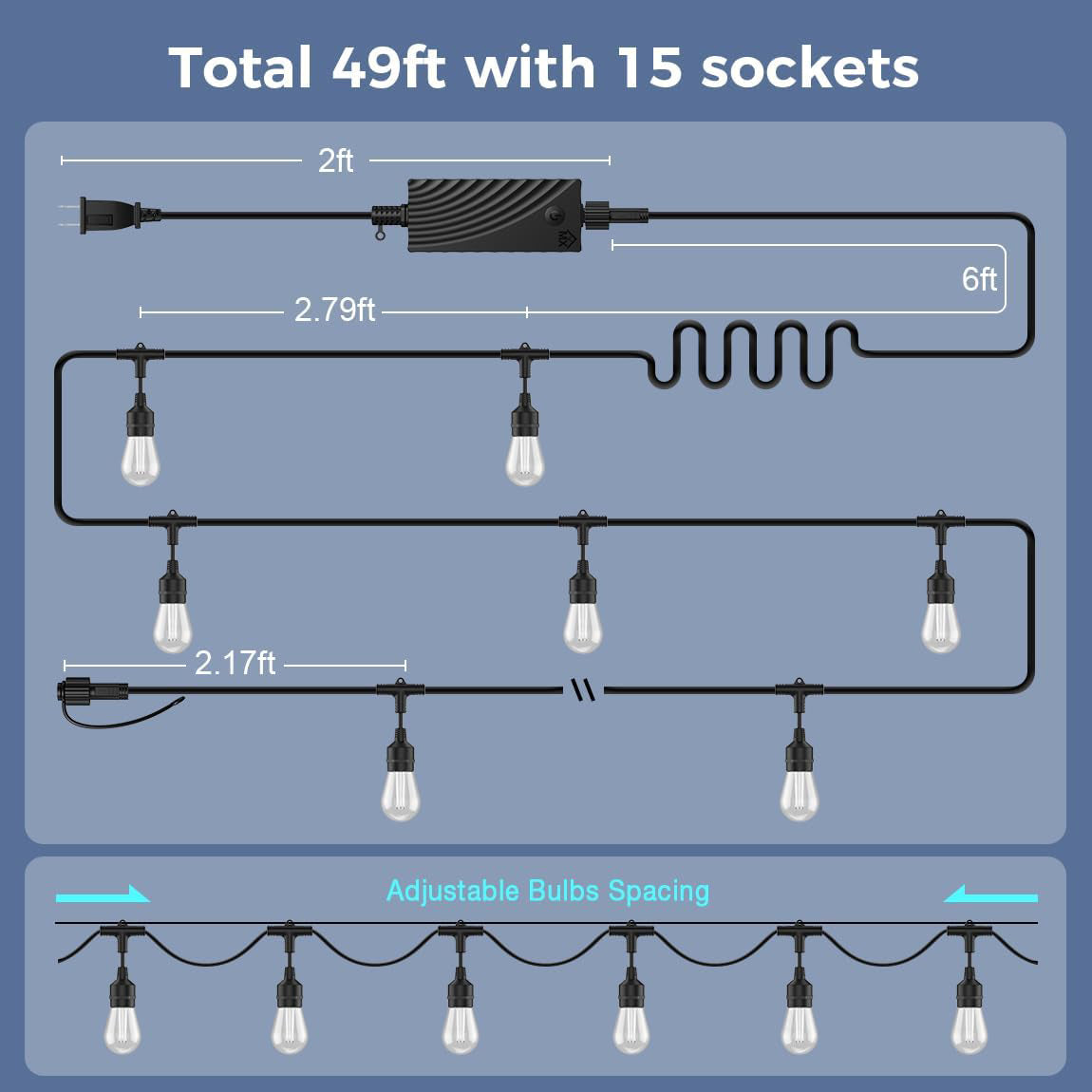 SLR100 LED RGBCWIC Smart Bistro String Lights Color Changing Outdoor Weatherproof 12V Edison Bulbs