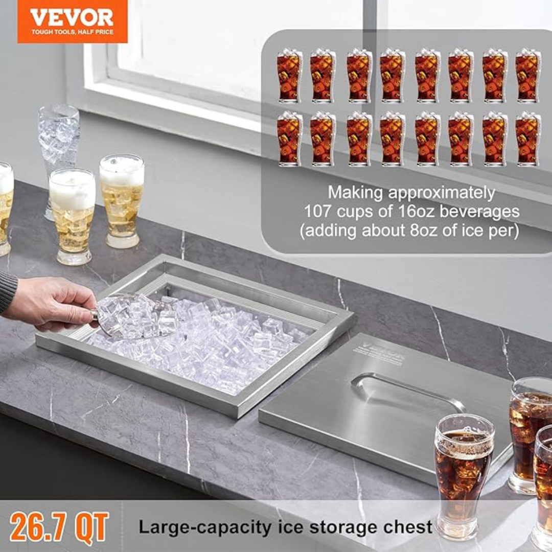 Large-capacity ice storage chest with glasses of iced beverages on a countertop, featuring VEVOR branding.