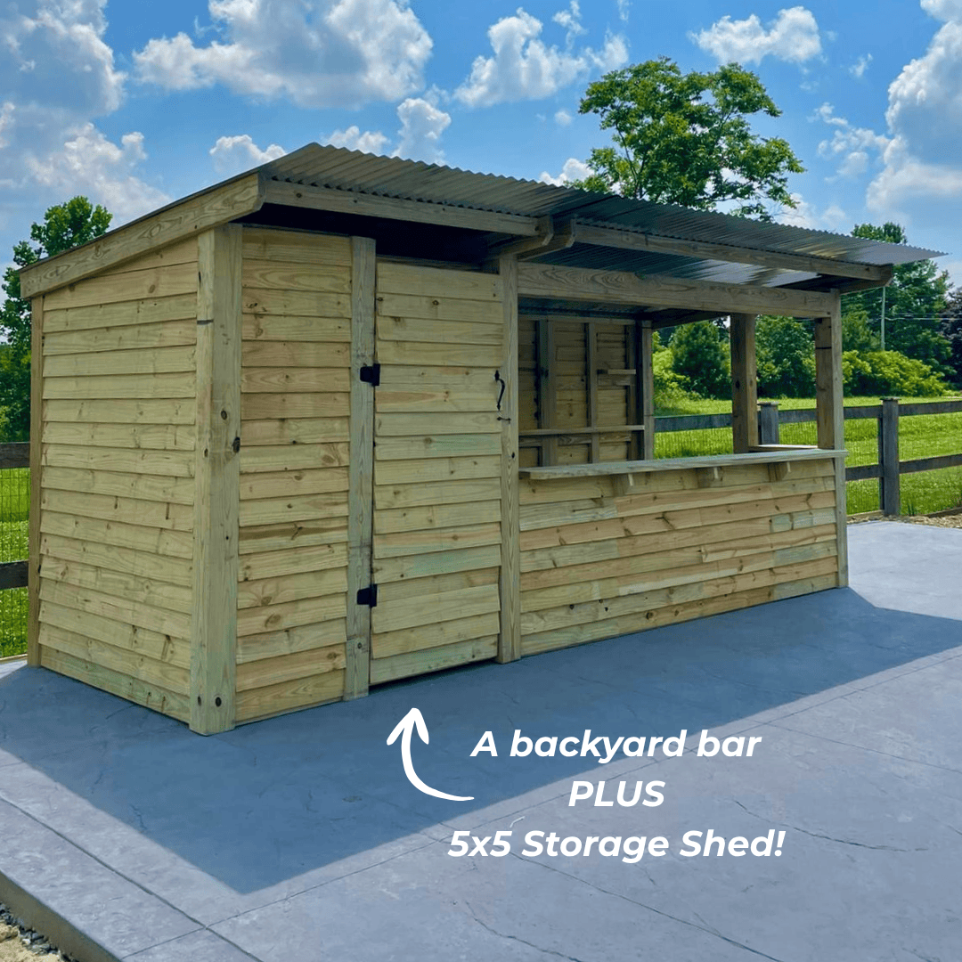 Wooden storage shed with a covered area, set against a blue sky with clouds.