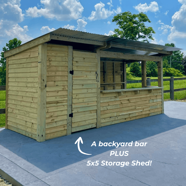 Wooden storage shed with a covered area, set against a blue sky with clouds.