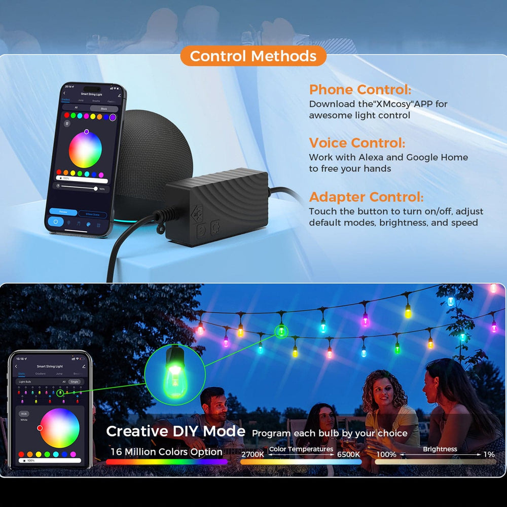 Control methods for smart lighting system with phone, voice, and adapter control options.