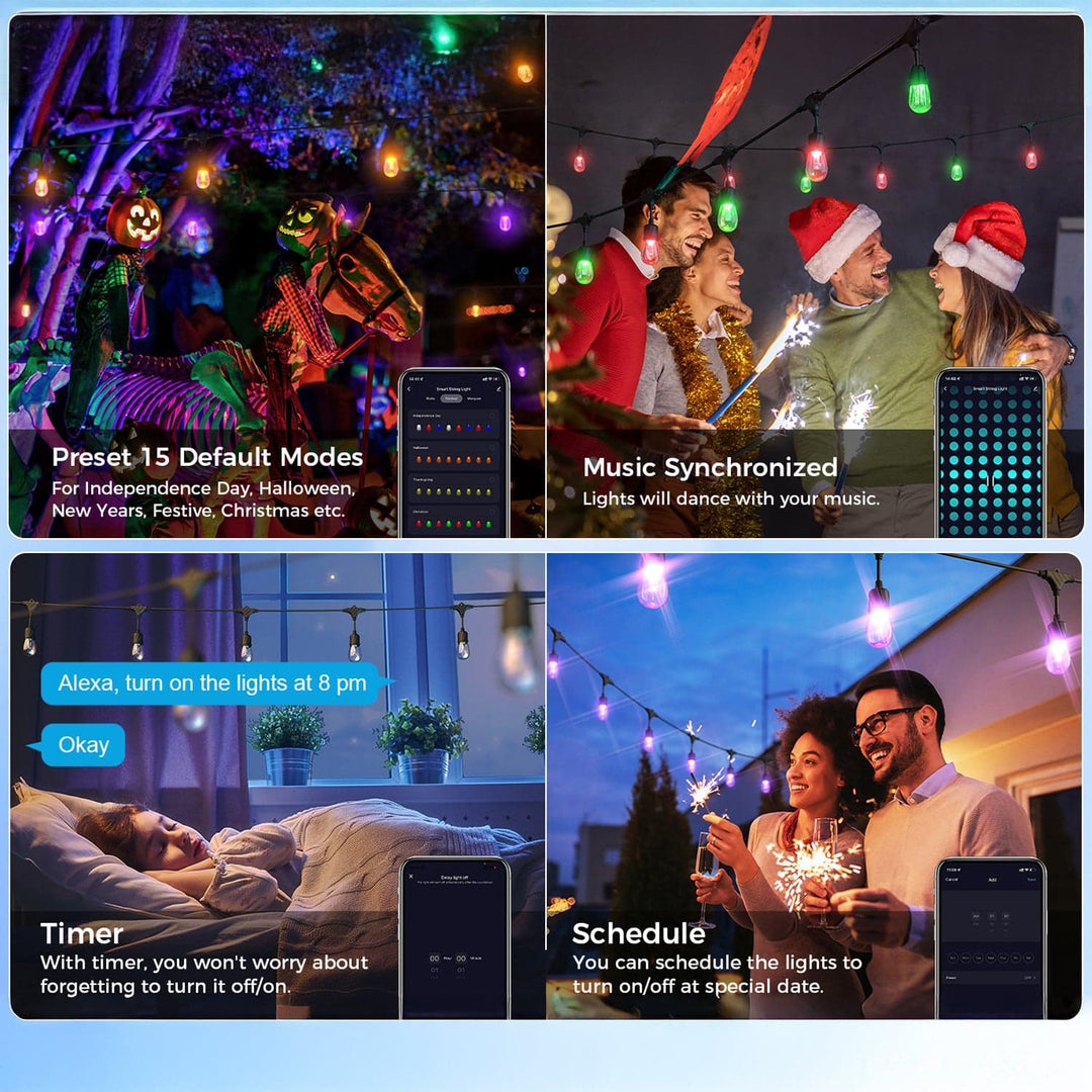Collage of people enjoying festive lights with text describing features like preset modes, music synchronization, Alexa integration, timer, and scheduling.