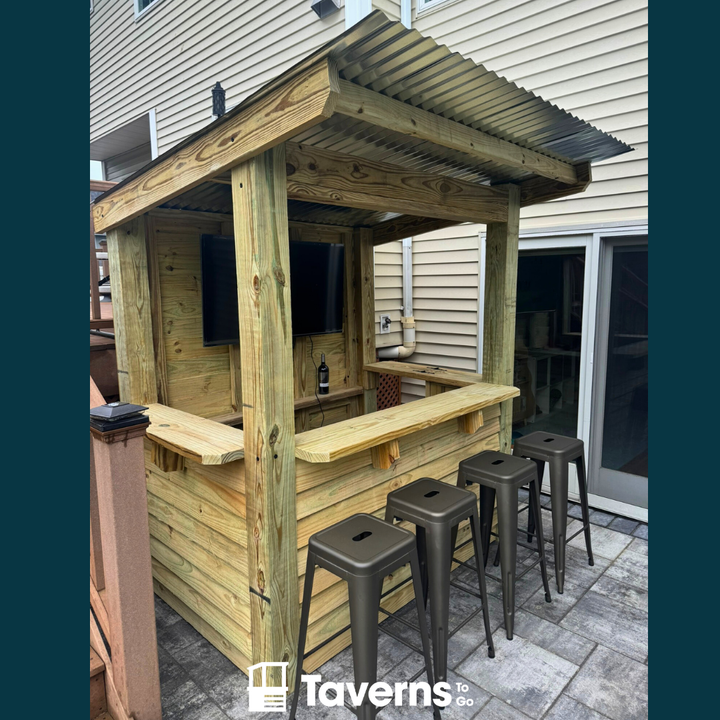 Wooden outdoor bar with stools and TV, branded &