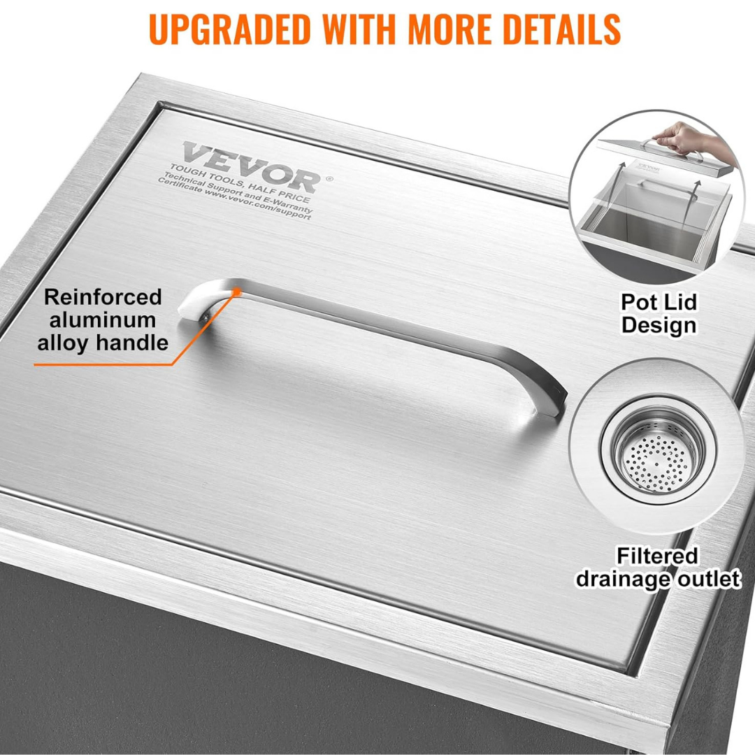 Stainless steel sink with Vevor branding, reinforced handle, pot lid design, and filtered drainage outlet.