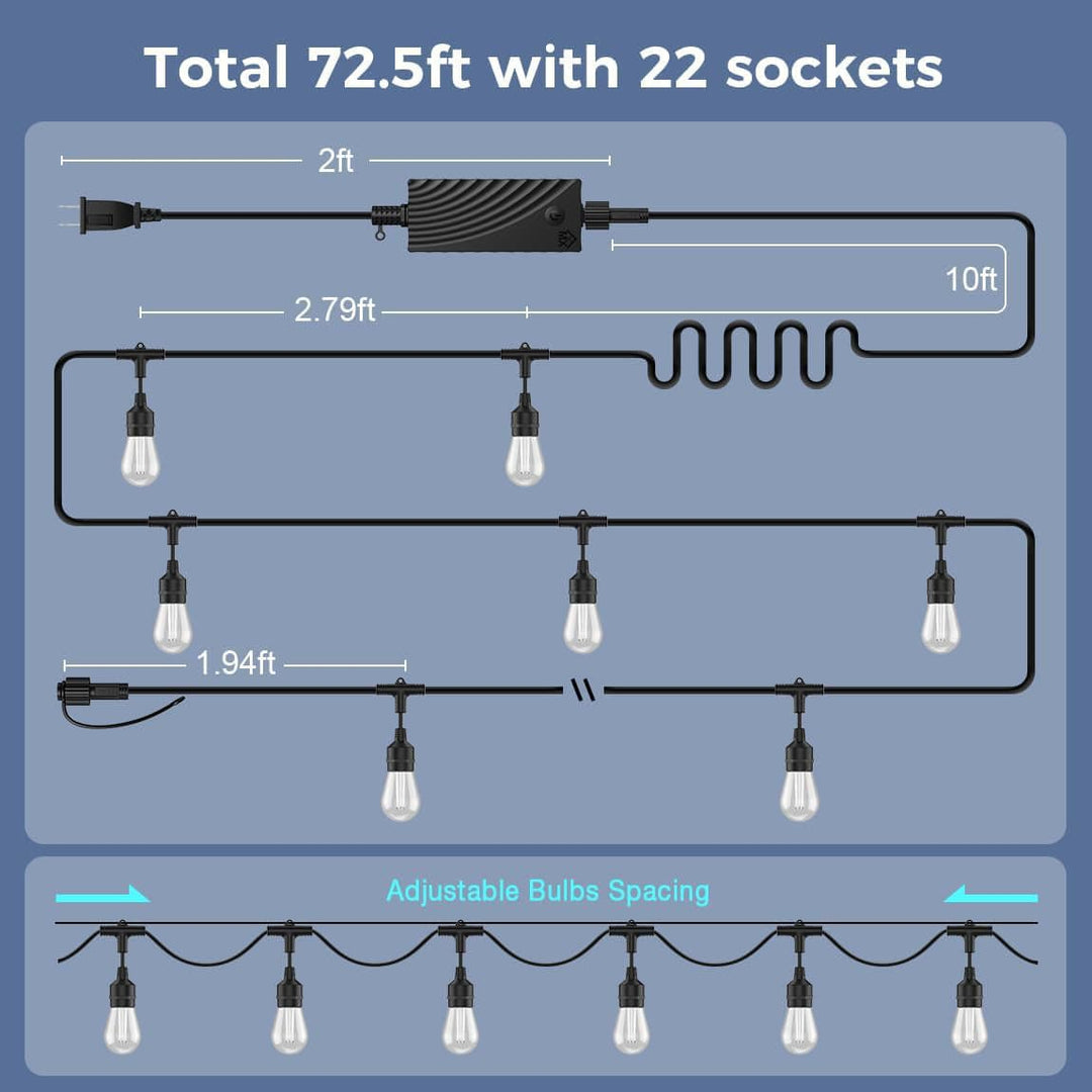 Diagram of a string light system with measurements and socket details on a blue background