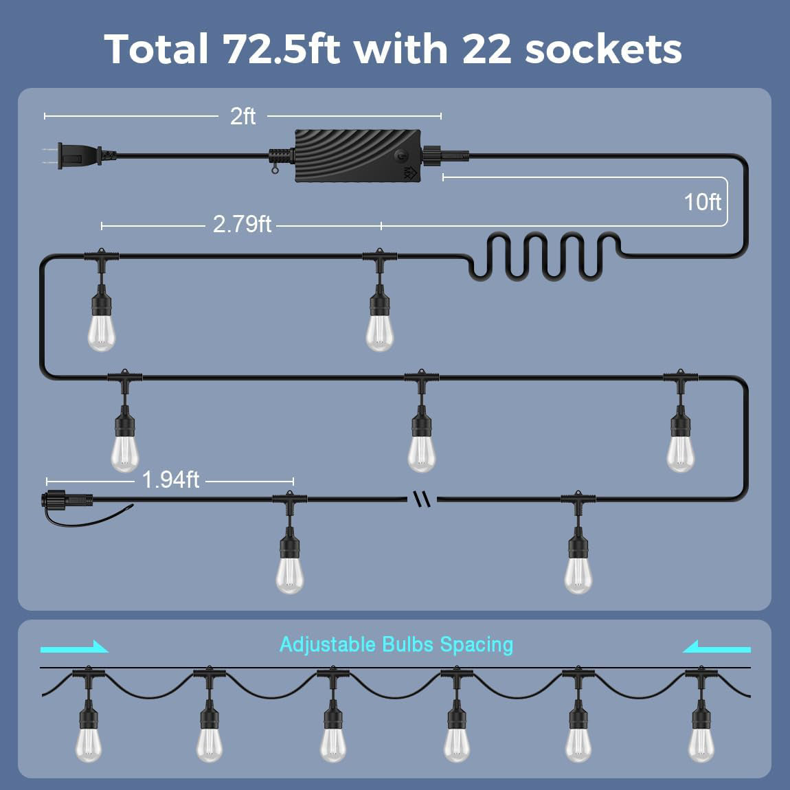 SLR100 LED RGBCWIC Smart Bistro String Lights Color Changing Outdoor Weatherproof 12V Edison Bulbs