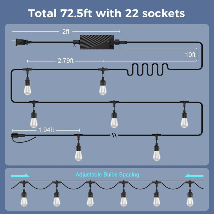Diagram of a string light system with measurements and socket details on a blue background