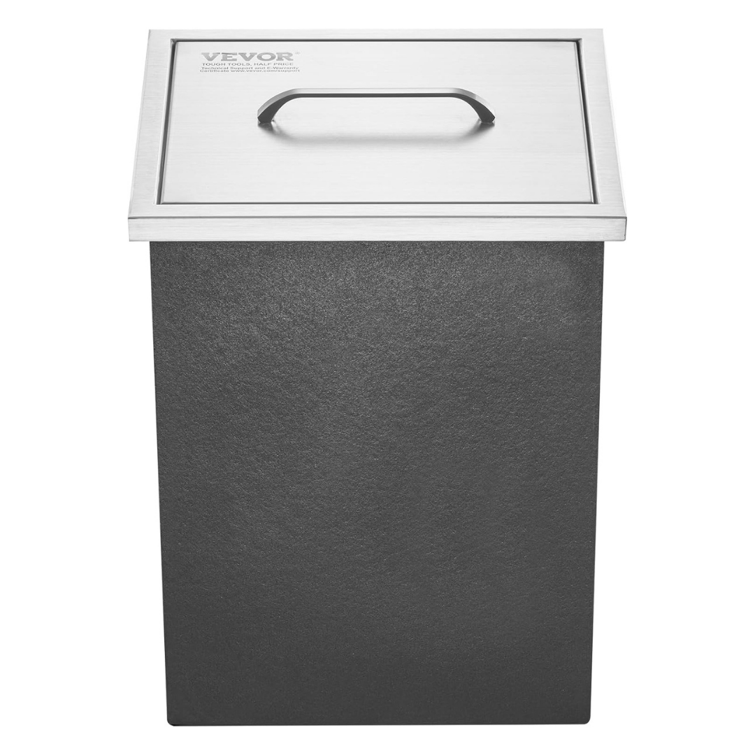 Gray trash can with a silver lid on a white background