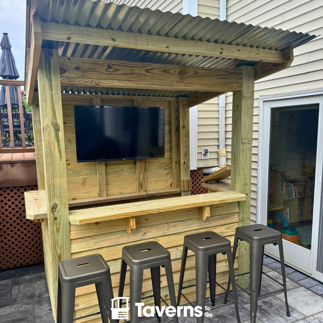 Wooden outdoor bar with TV and stools, branded &
