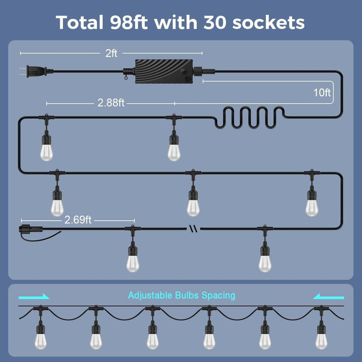Diagram of a lighting system with 30 sockets and adjustable bulb spacing on a blue background.
