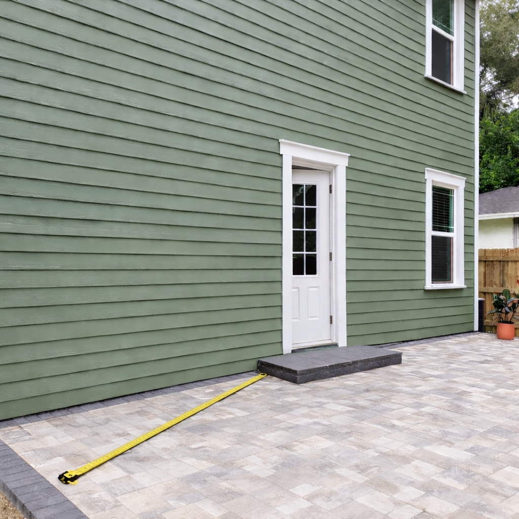 Green house exterior with a white door and patio