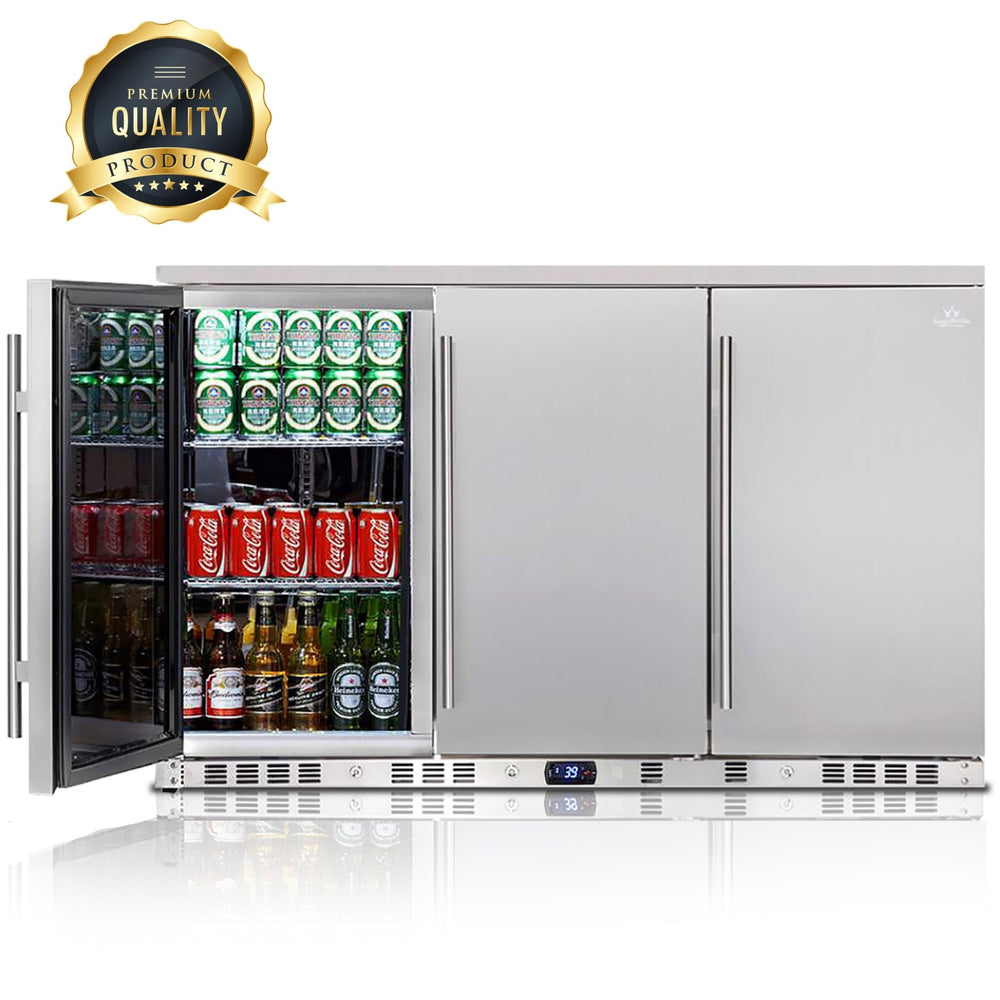Stainless steel outdoor refrigerator with open door displaying various drinks, on a white background.