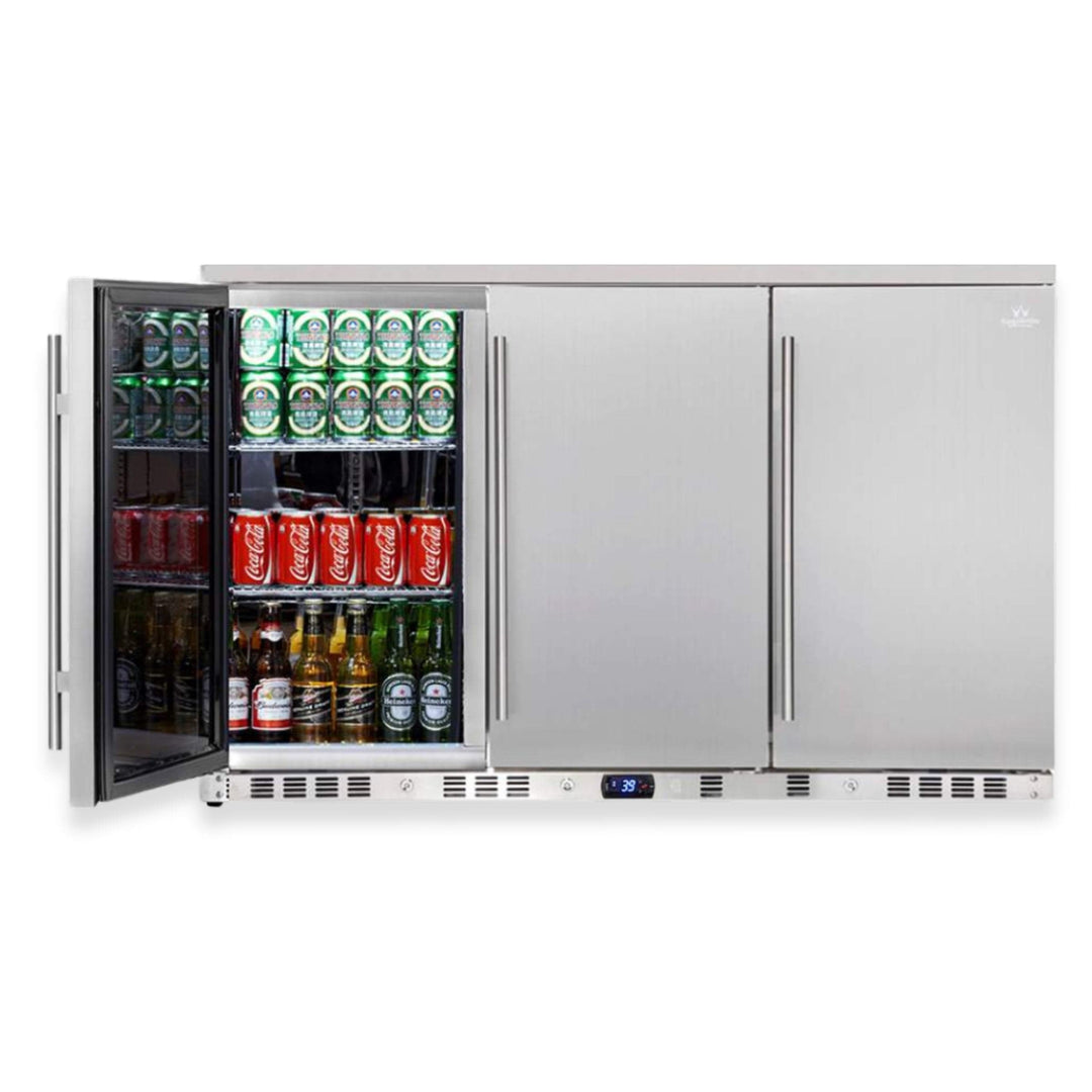 Stainless steel outdoor refrigerator with drinks inside on a white background