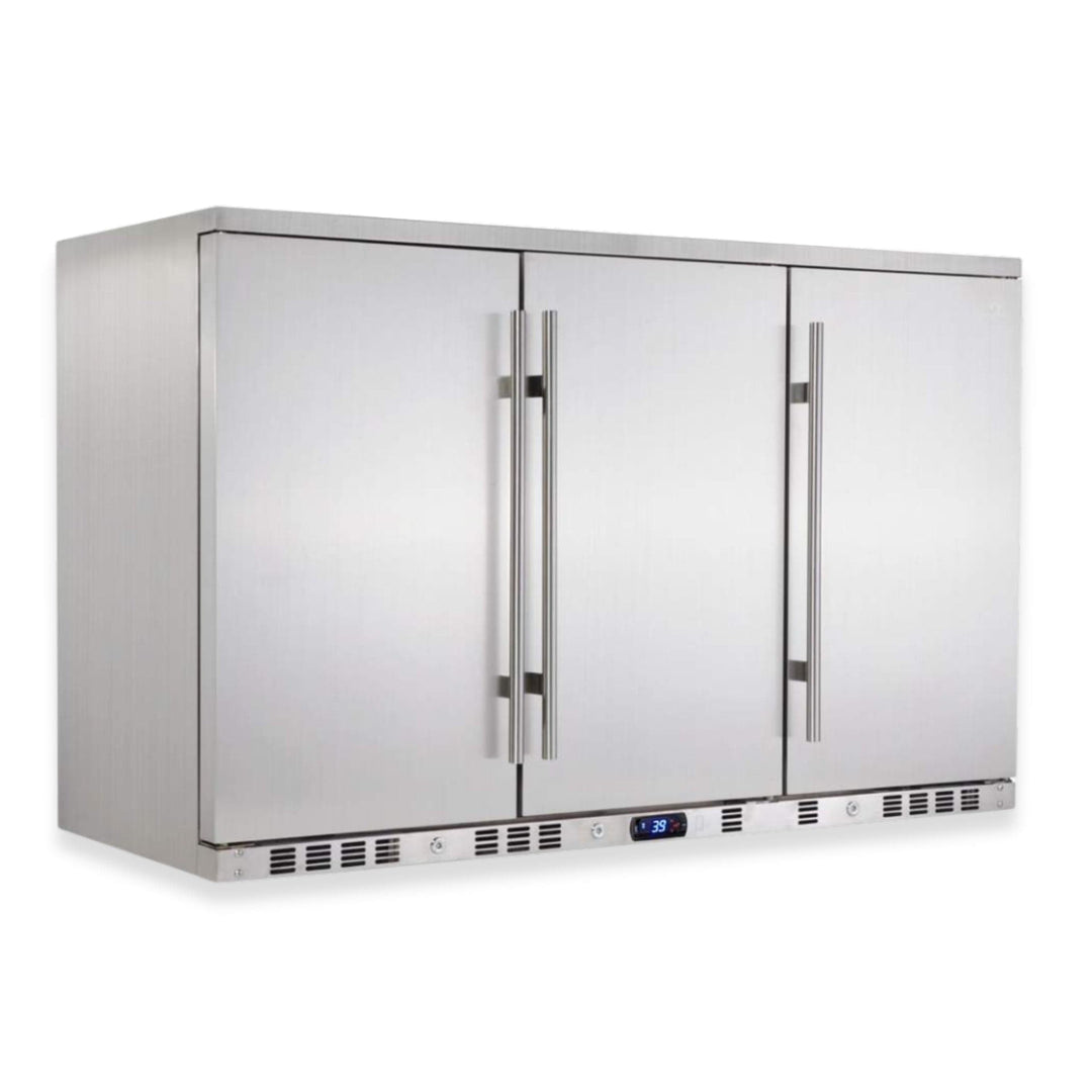 Stainless steel outdoor refrigerator with digital display on a white background