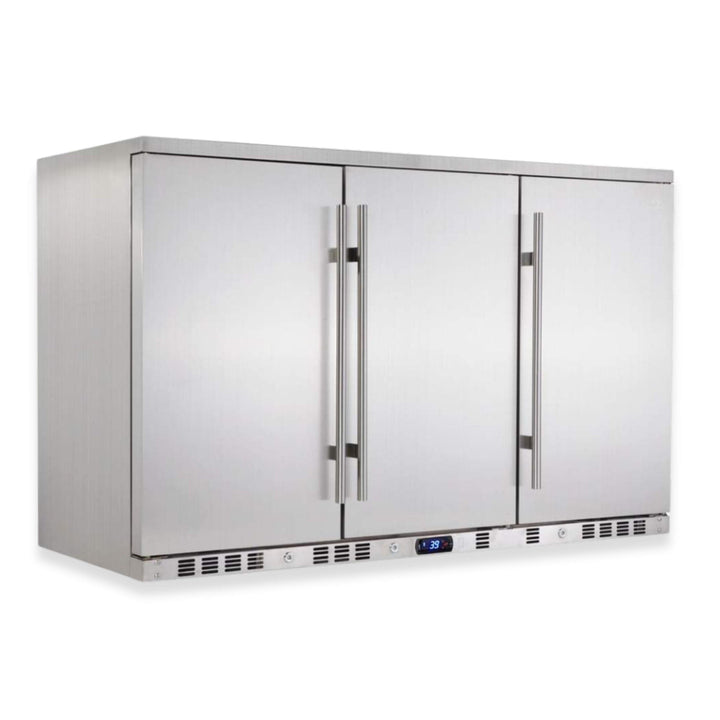 Stainless steel outdoor refrigerator with digital display on a white background
