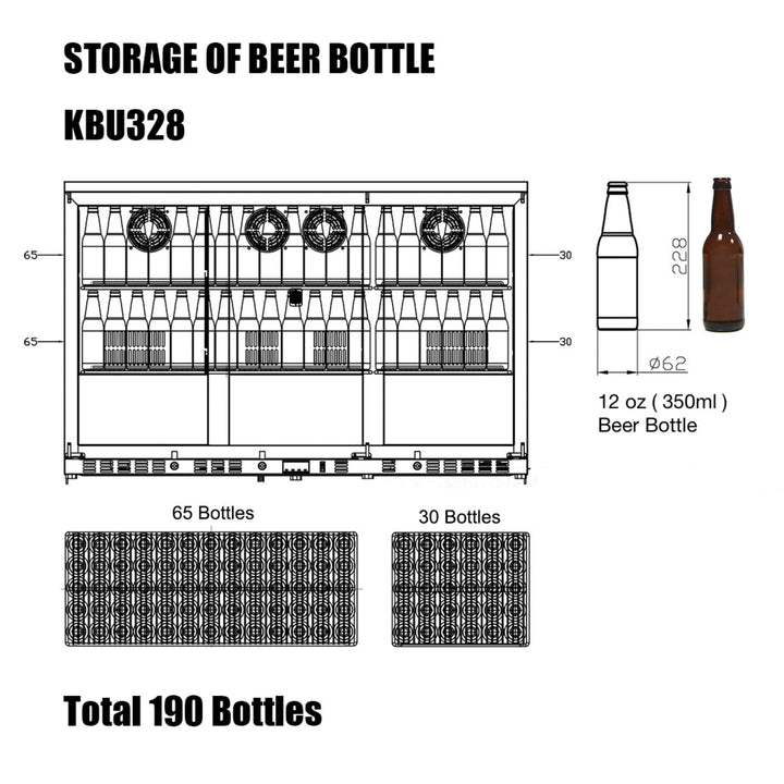 Diagram of beer bottle storage system with dimensions and bottle details.