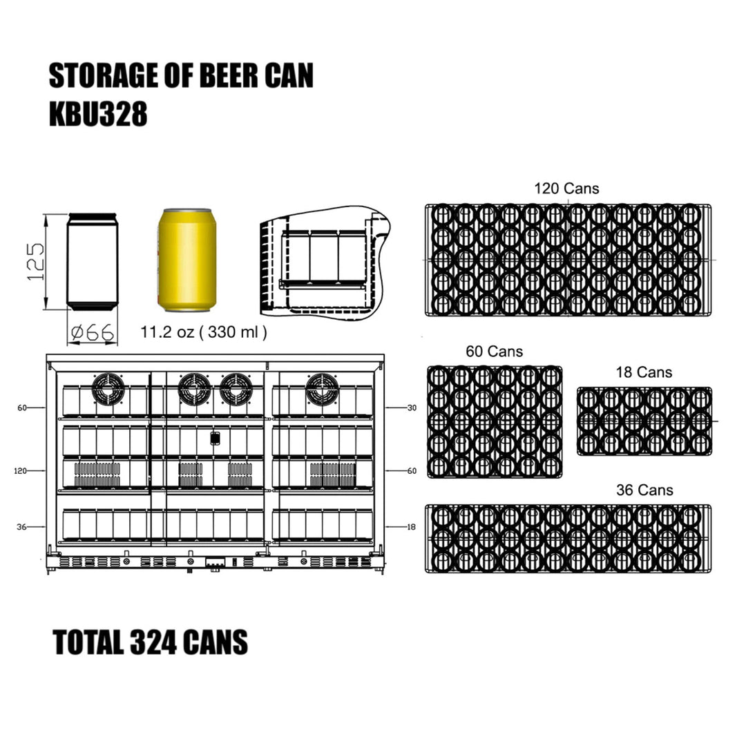 Diagram of beer can storage system with dimensions and layout