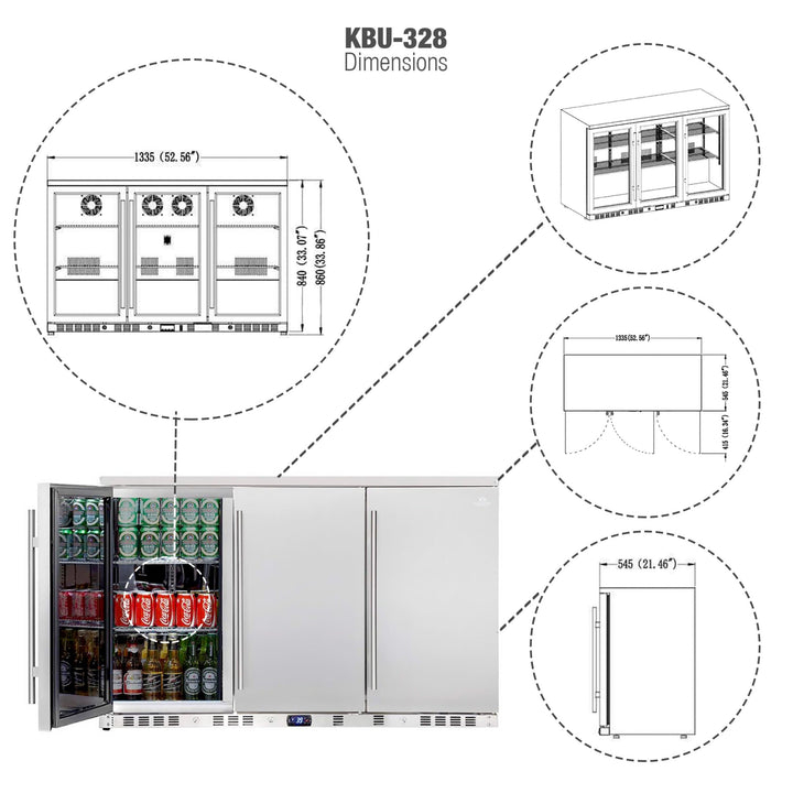 Stainless steel beverage cooler with dimensions and features diagram