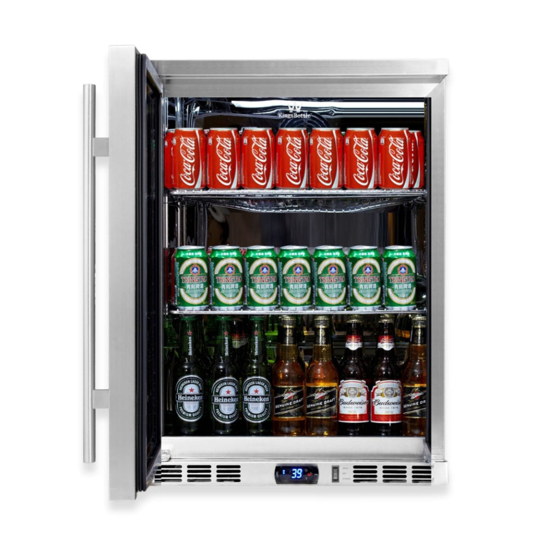Beverage cooler with Coca-Cola, Heineken, and other bottles on a white background
