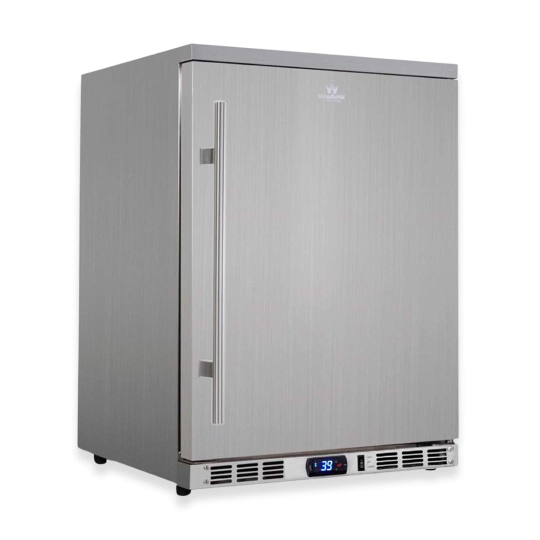 Stainless steel refrigerator with digital display on a white background