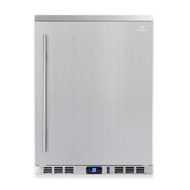 Stainless steel outdoor refrigerator with digital display on a white background