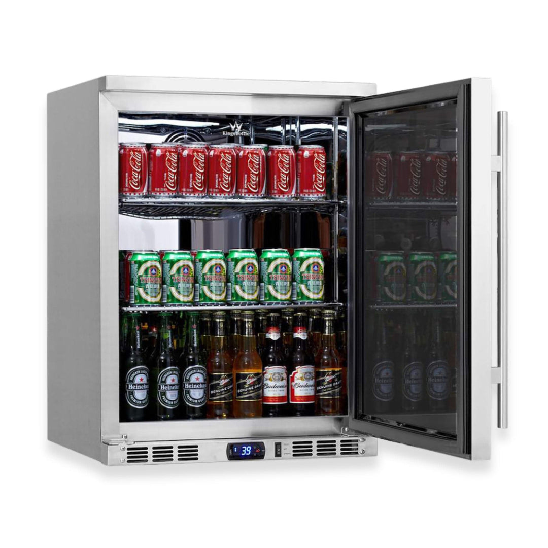 Beverage cooler with Coca-Cola, Heineken, and other bottles on a white background