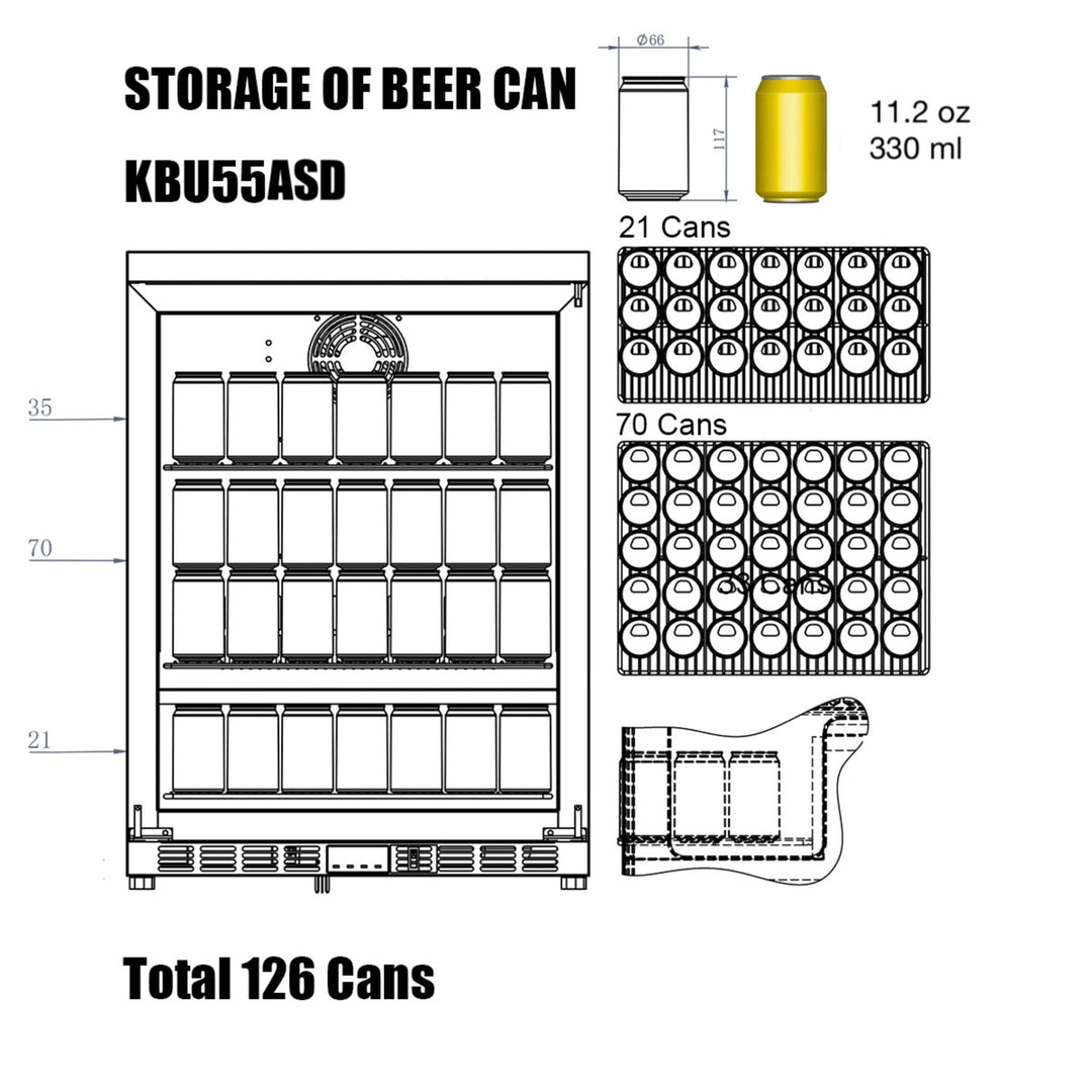 Diagram of a beer can storage system with a cooler and can layouts.