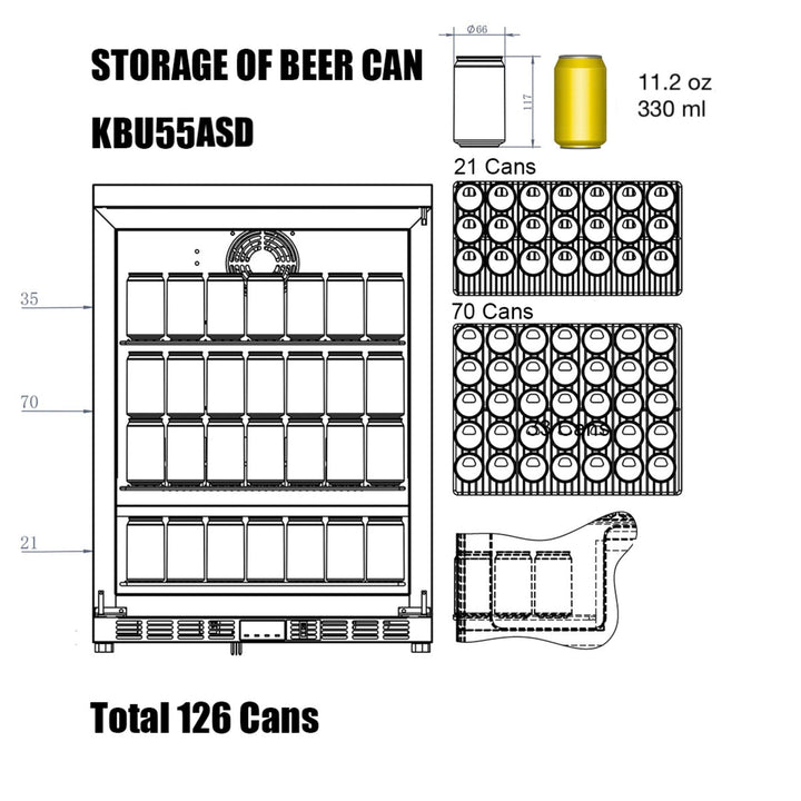 Diagram of a beer can storage system with a cooler and can layouts.