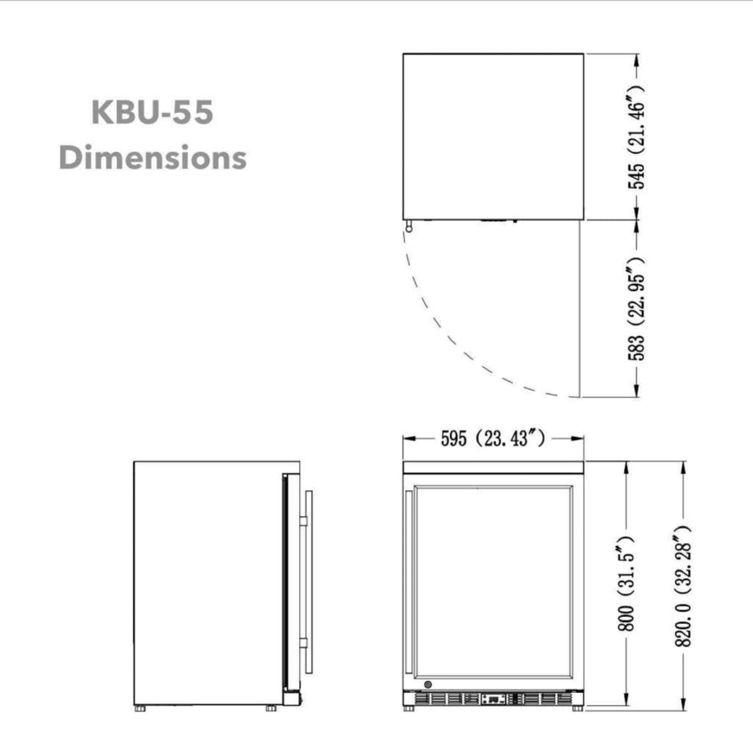 Technical drawing of a refrigerator with dimensions labeled